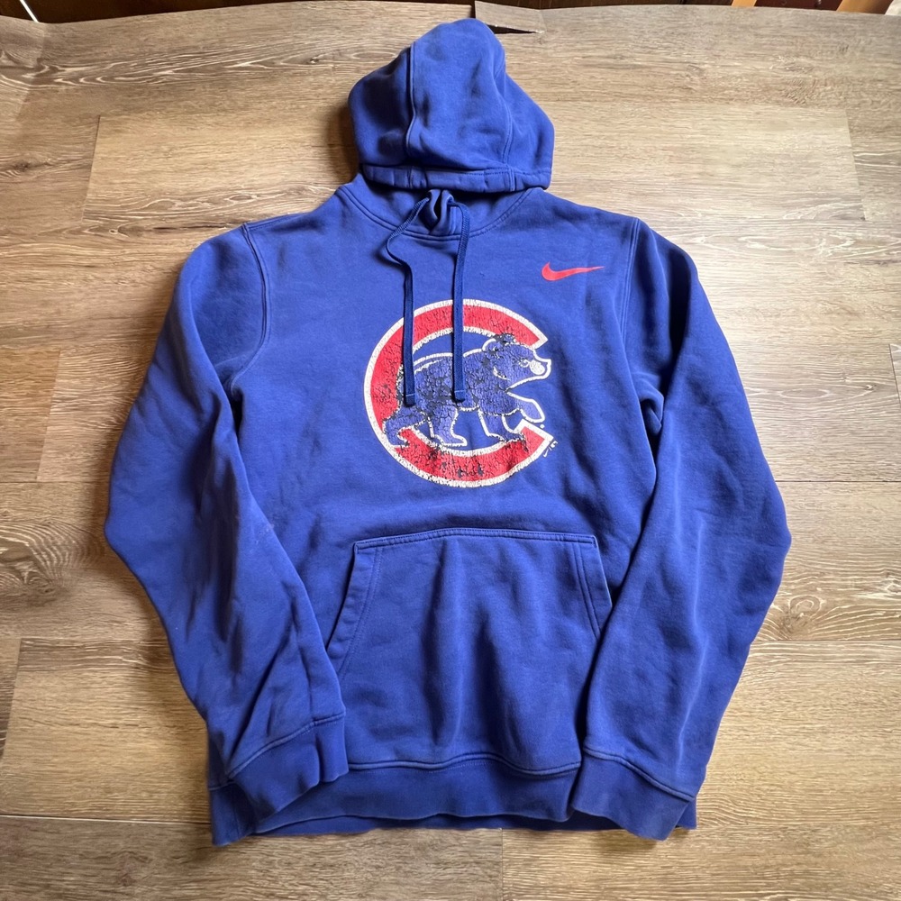 Nike Chicago Cubs Hoodie Men Small Blue Distressed Logo Pullover MLB Sweatshirt